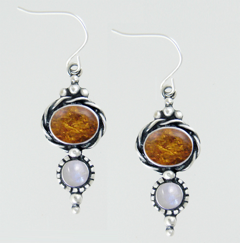 Sterling Silver Drop Dangle Earrings With Amber And Rainbow Moonstone